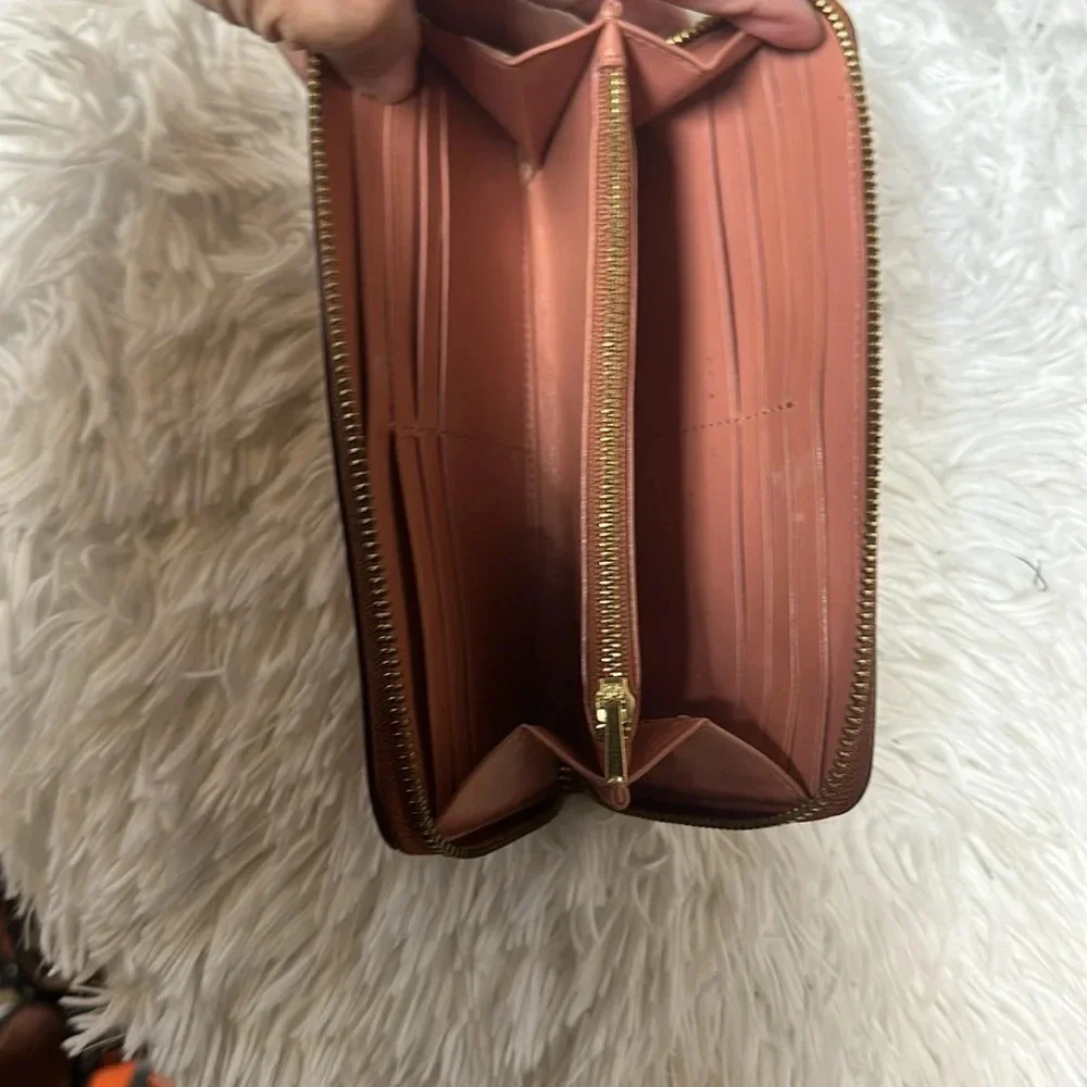 Coach Texture Accordion Zip Around Leather Wallet - Pink vintage